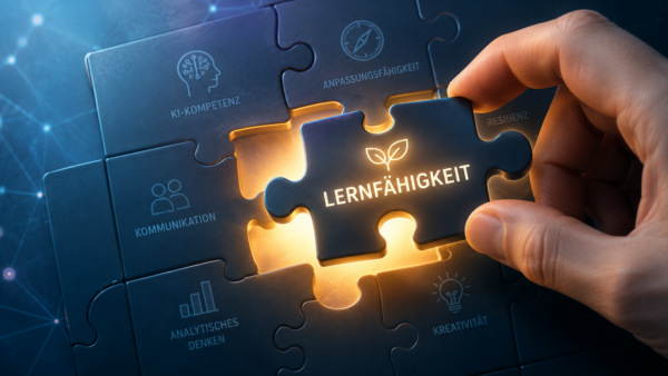 Eine Hand setzt ein Puzzleteil mit der Aufschrift „Lernfähigkeit“ in ein Puzzle aus Future Skills wie KI-Kompetenz, Kommunikation, Kreativität und Resilienz ein.